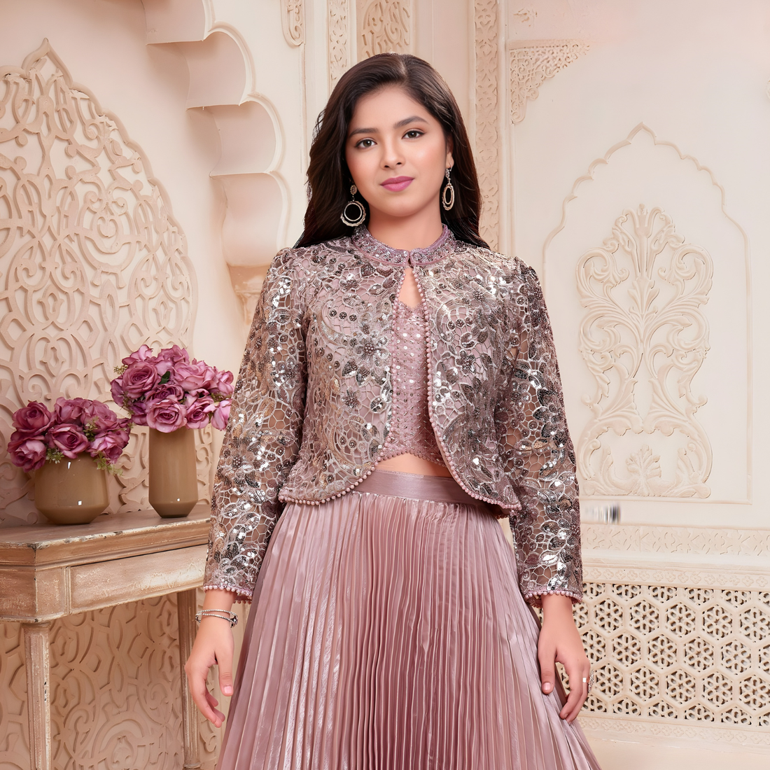Pink Crepe Silk Lehenga Choli With Jacket