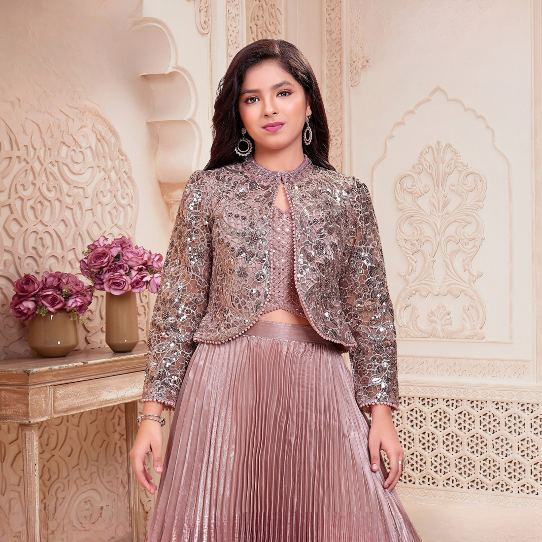 Pink Chiffon Silk Lehenga Choli With Sequins Embellished Jacket