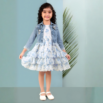 Girls Knee Length Floral Printed Frock Denim with Jacket