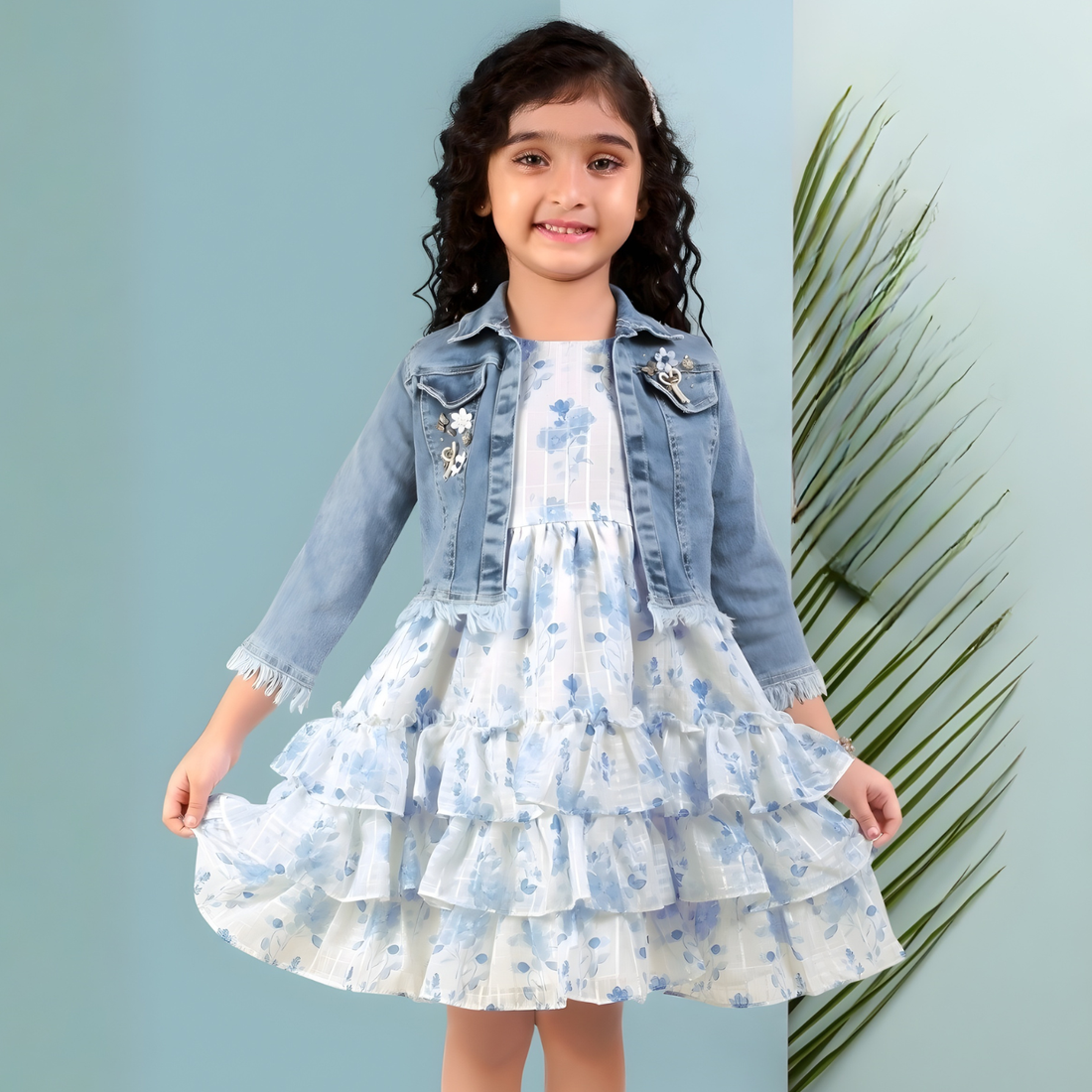 Girls Knee Length Floral Printed Frock Denim with Jacket