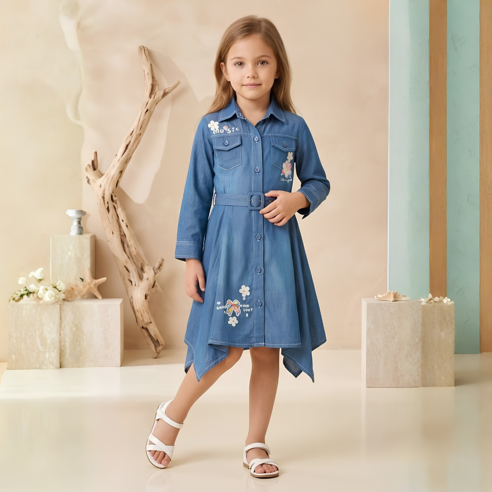 Solid Denim Long Sleeve Button Down Belted Frock