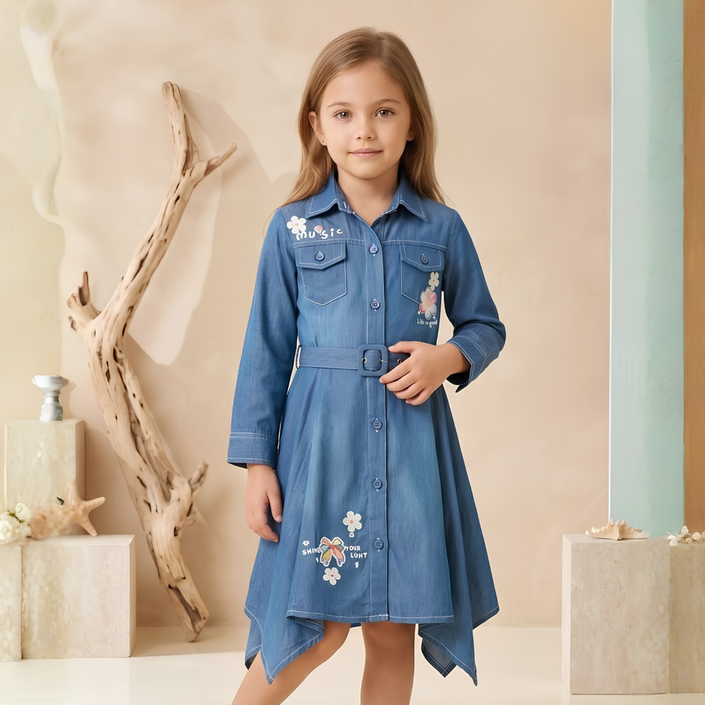 Solid Denim Long Sleeve Button Down Belted Frock
