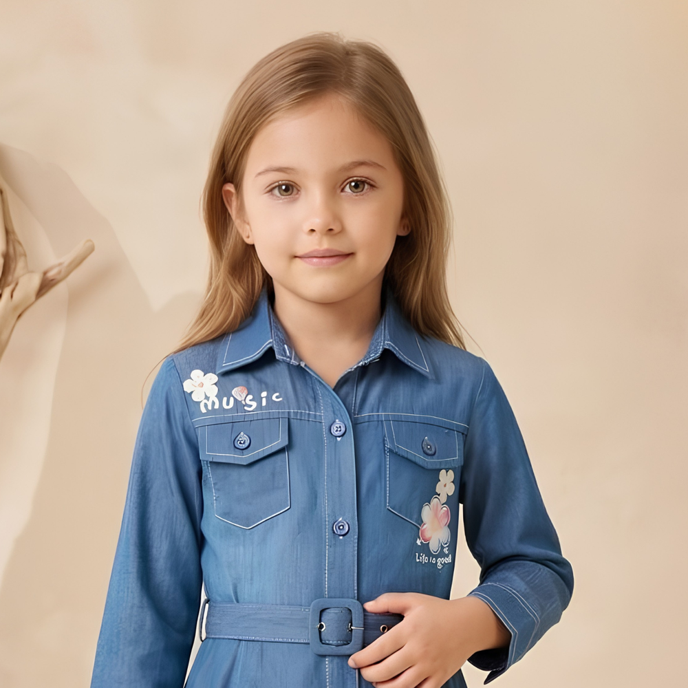 Solid Denim Long Sleeve Button Down Belted Frock