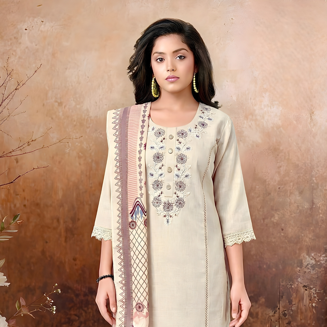Girls Embroidered A-Line Kurta Set with Dupatta