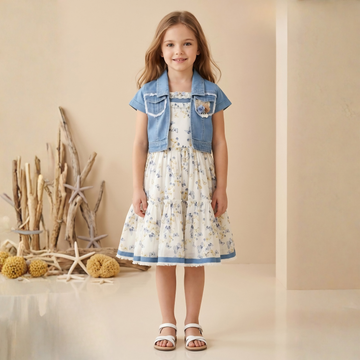 Blue Floral Printed Frock With Denim Overcoat For Girls