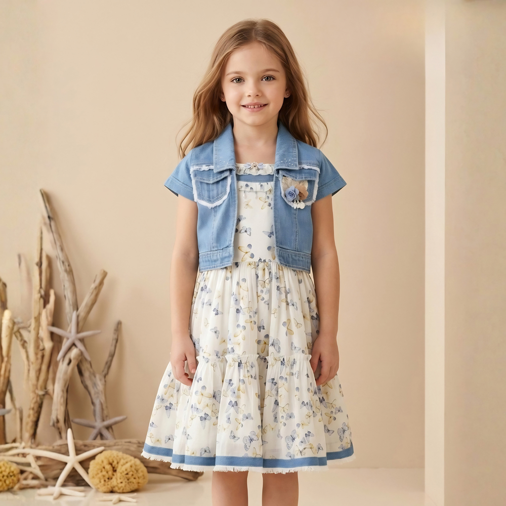 Blue Floral Printed Frock With Denim Overcoat For Girls