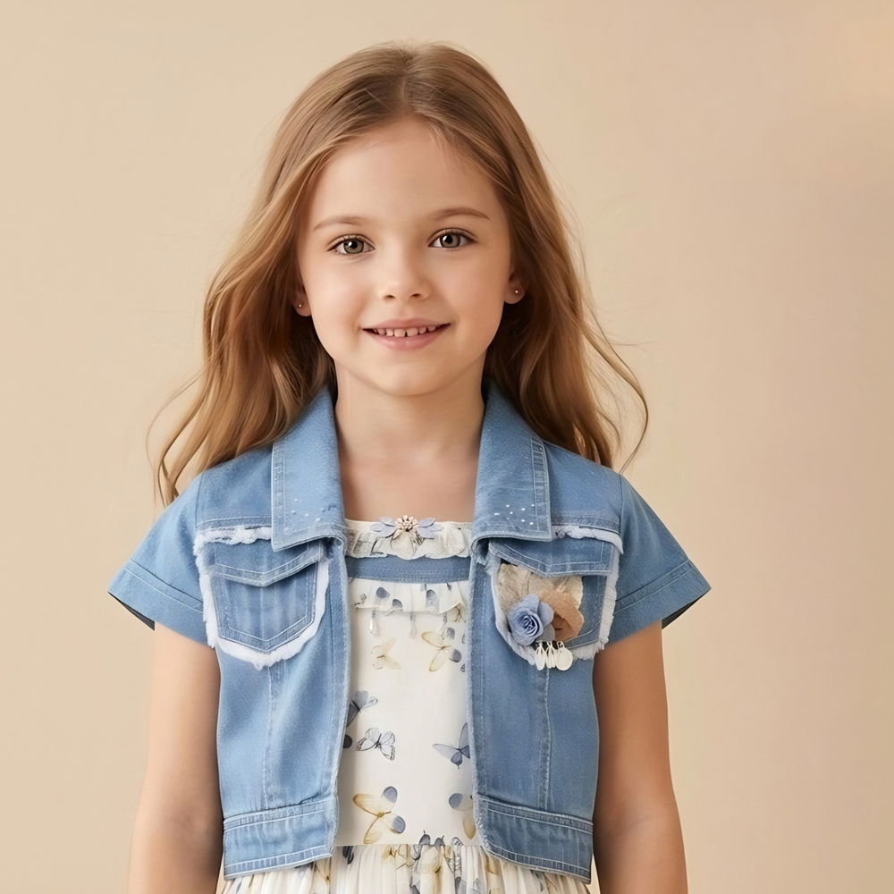 Blue Floral Printed Frock With Denim Overcoat For Girls