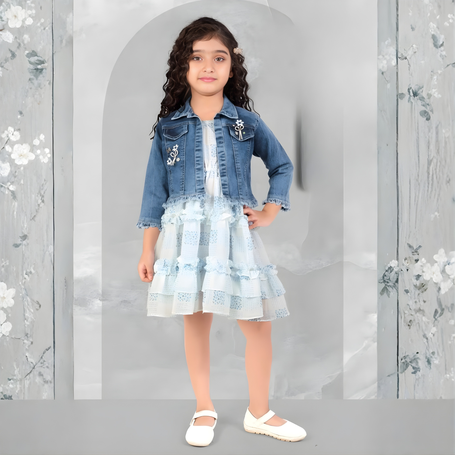 Girls Knee Length Floral Printed Frock Denim with Jacket