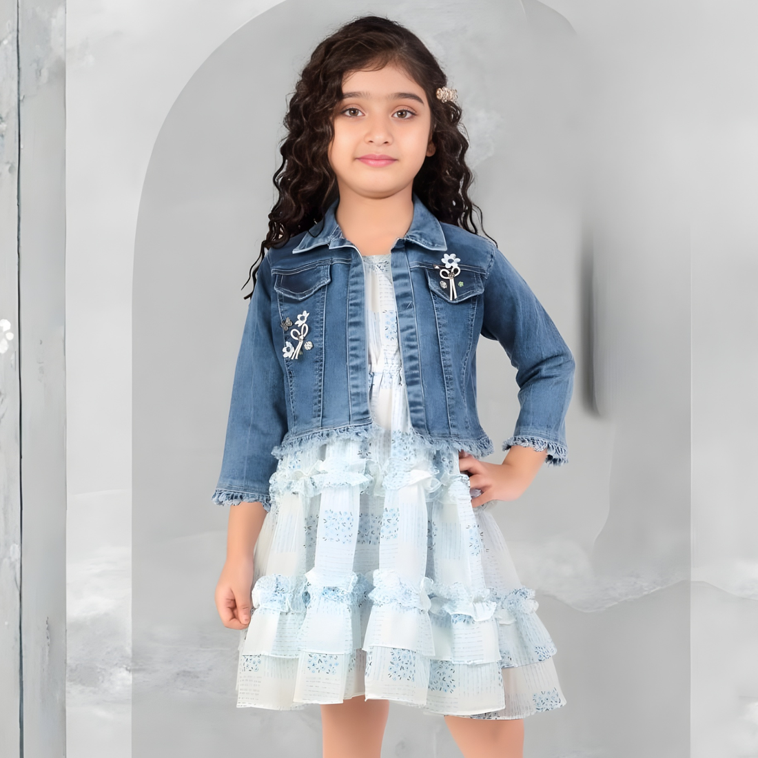Girls Knee Length Floral Printed Frock Denim with Jacket