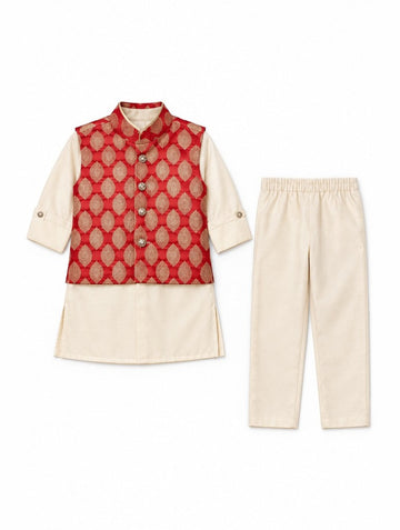 Boys Red Nehru Jacket With Cream Kurta and Pants Set (Shoes Not Included)