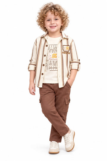 Boys Brown Striped Overshirt, Graphic T-shirt and Cargo Pants Set (Shoes Not Included)