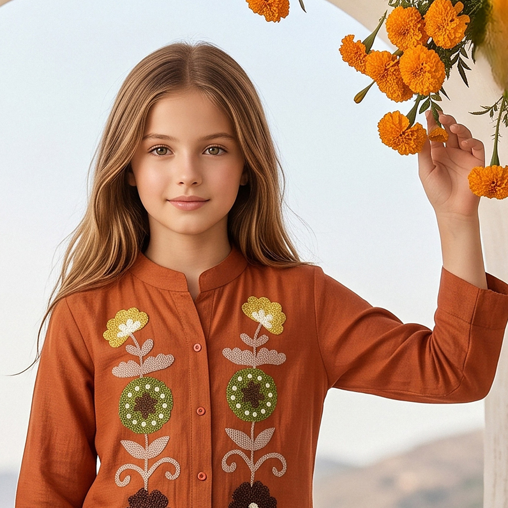 Girls rust embroidered kurta trouser set full view