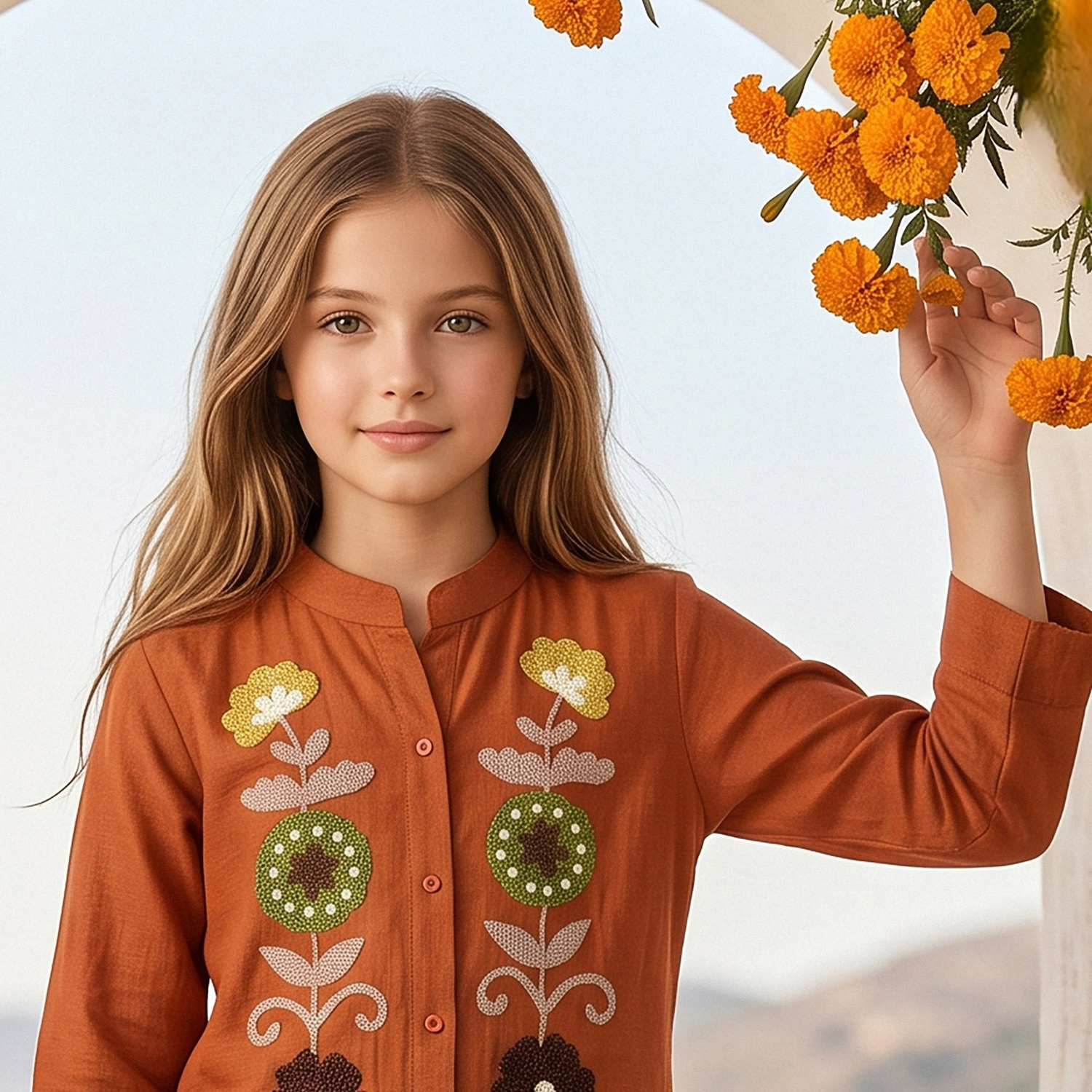 Girls rust embroidered kurta trouser set full view