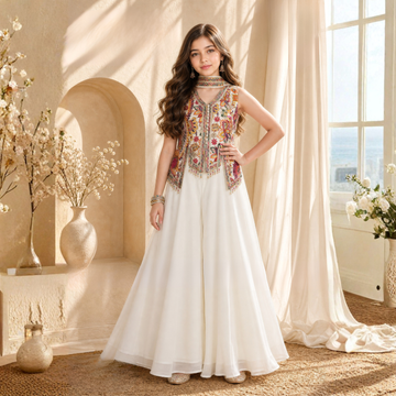 Cream Embroidery, Sequins And Zari work Palazzo Set For Girls