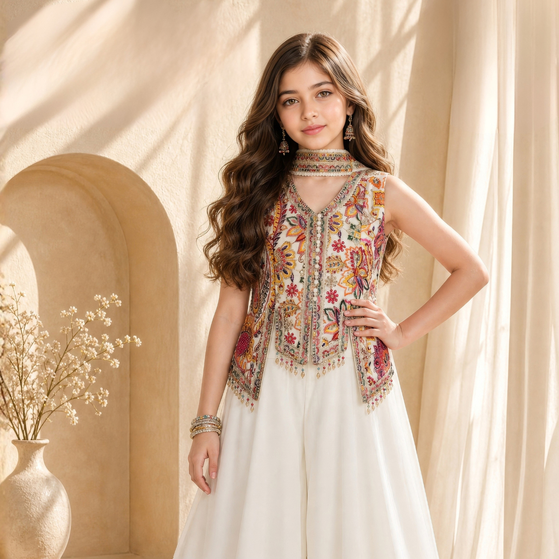 Cream Embroidery, Sequins And Zari work Palazzo Set For Girls