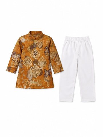 Boys Brown Printed Kurta and White Pajama Set (Shoes Not Included)