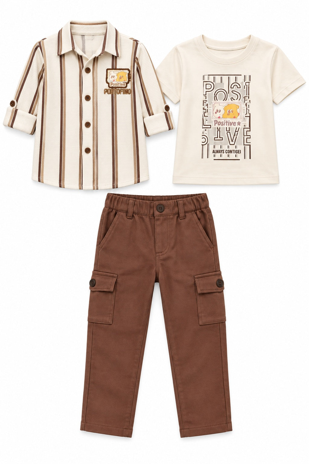 Boys Brown Striped Overshirt, Graphic T-shirt and Cargo Pants Set (Shoes Not Included)
