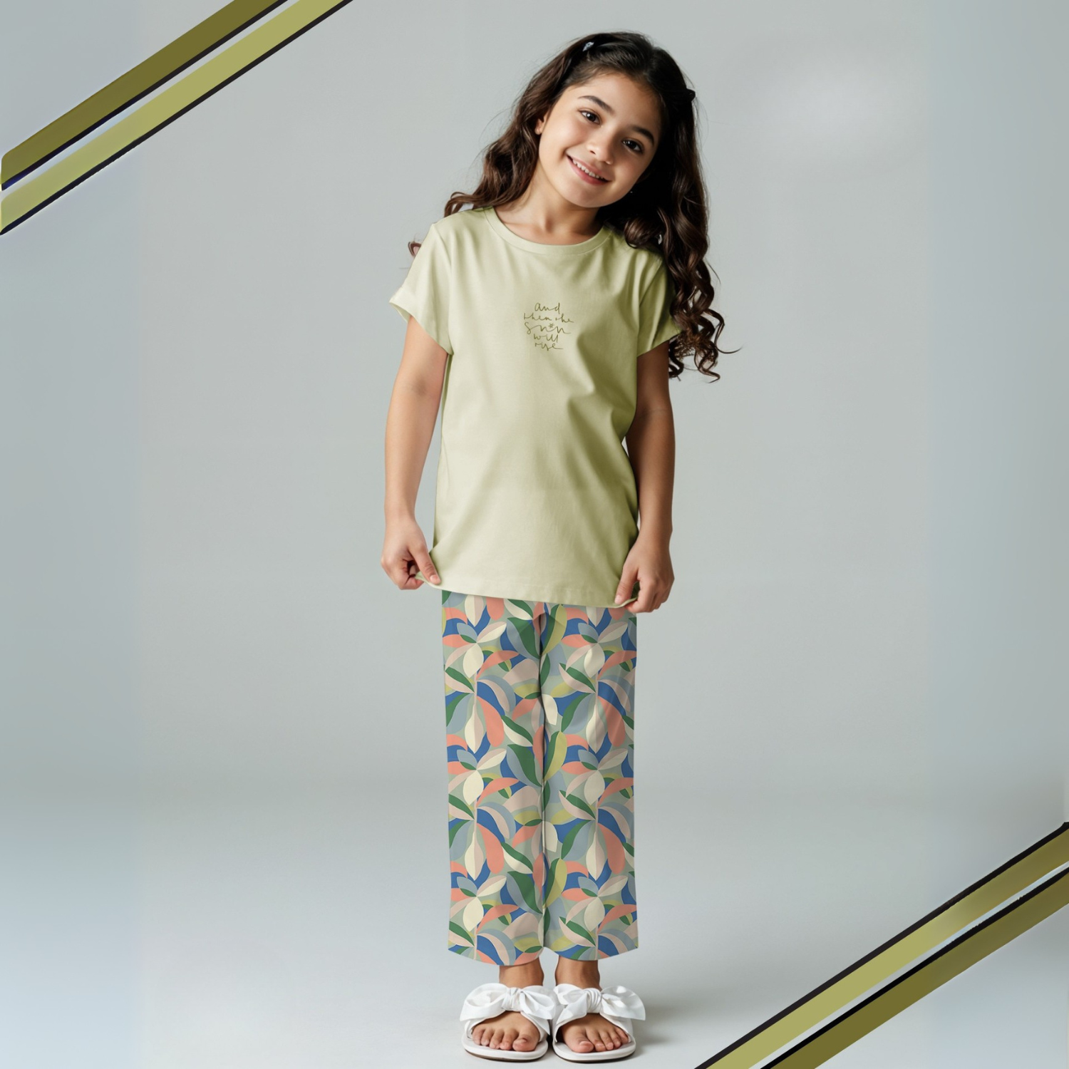 Green  Printed Cotton Night Suit Girls