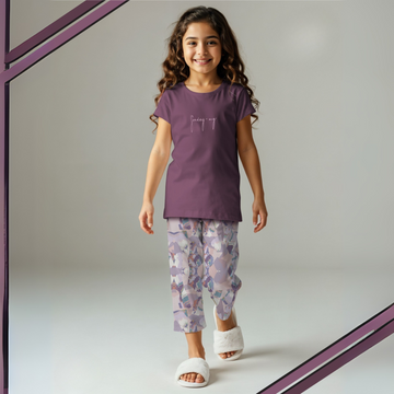 Girls Purple Self Design Night Suits