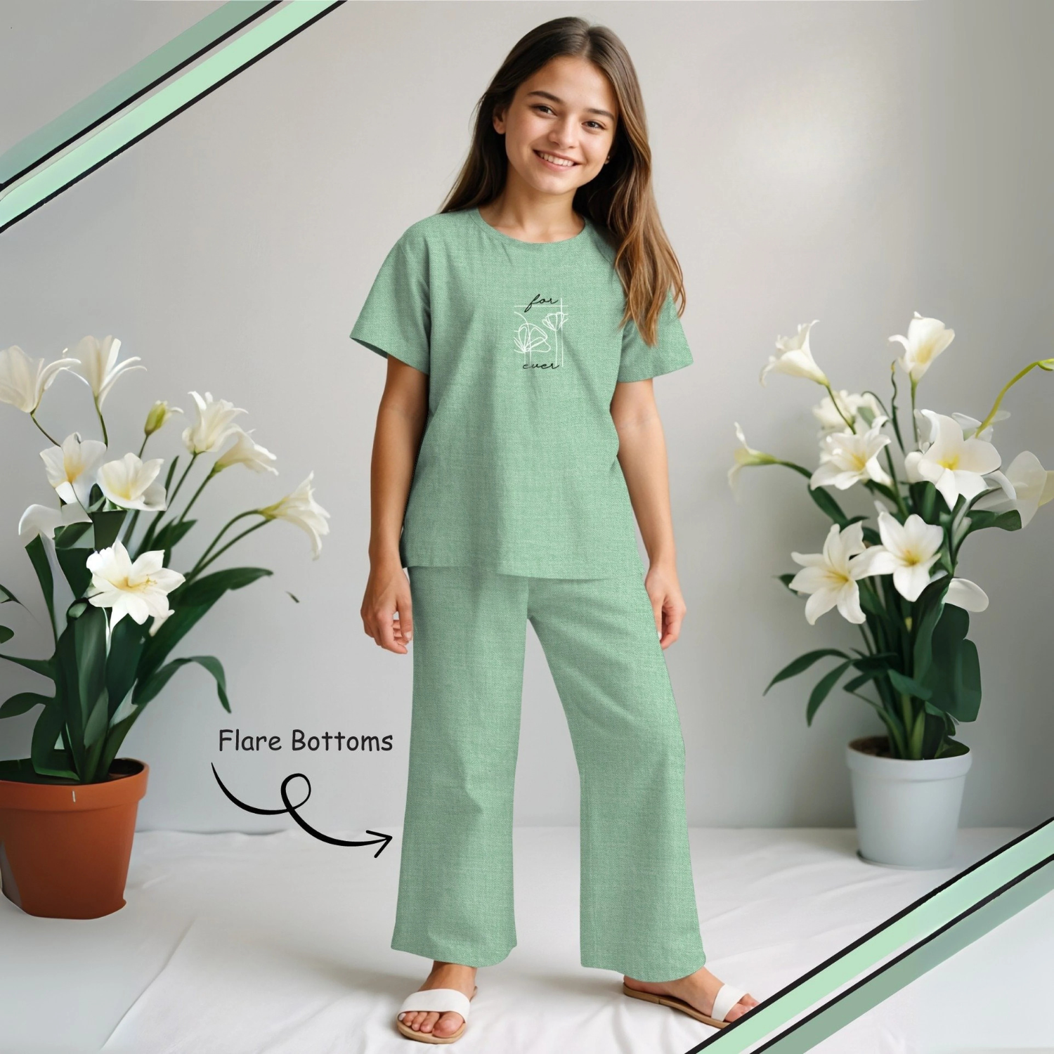 Green Stylish Printed Night Suit Set For Girls