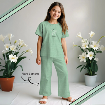 Green Stylish Printed Night Suit Set For Girls