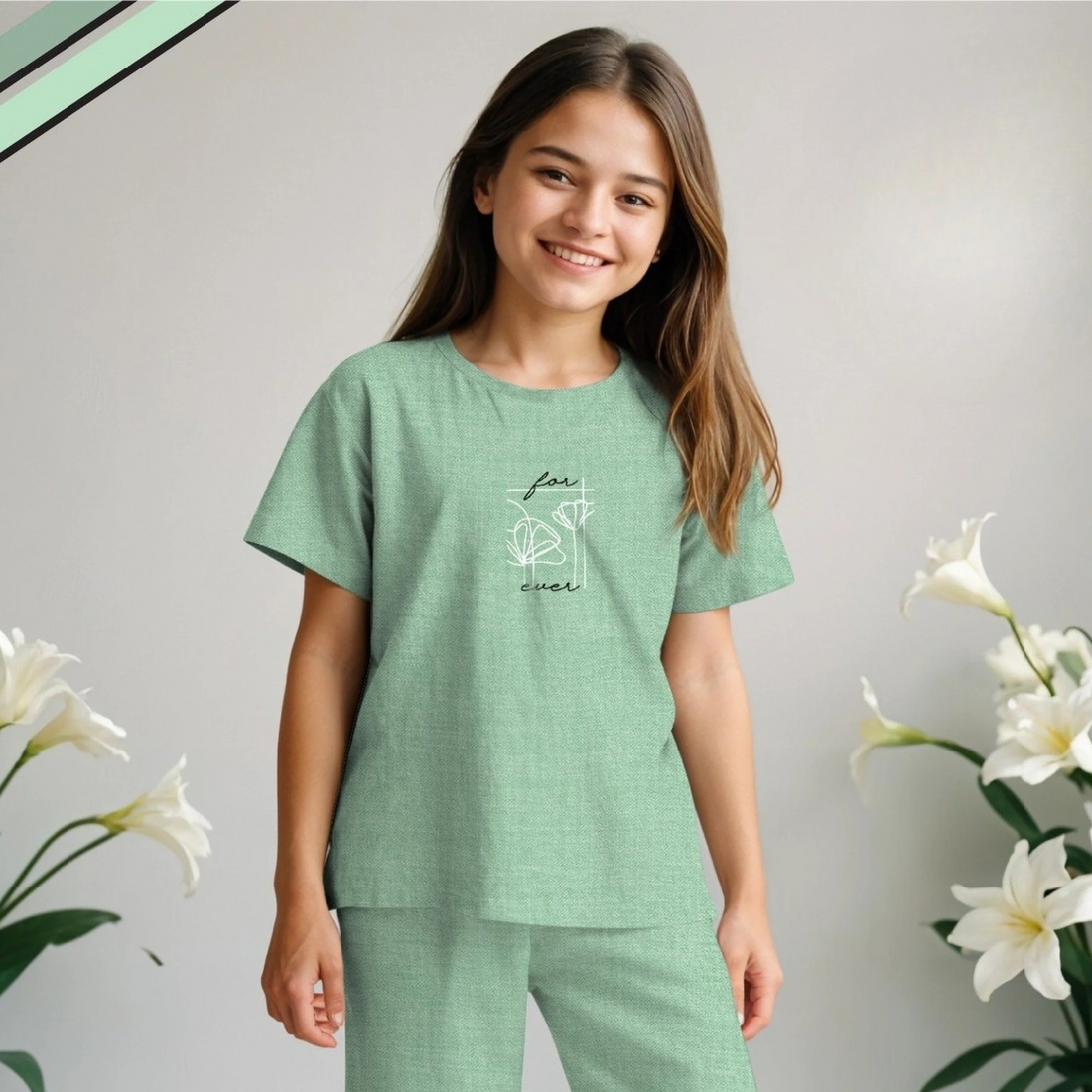 Green Stylish Printed Night Suit Set For Girls