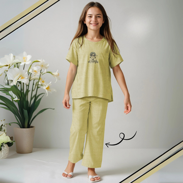 Yellow Stylish Printed Night Suit Set For Girls