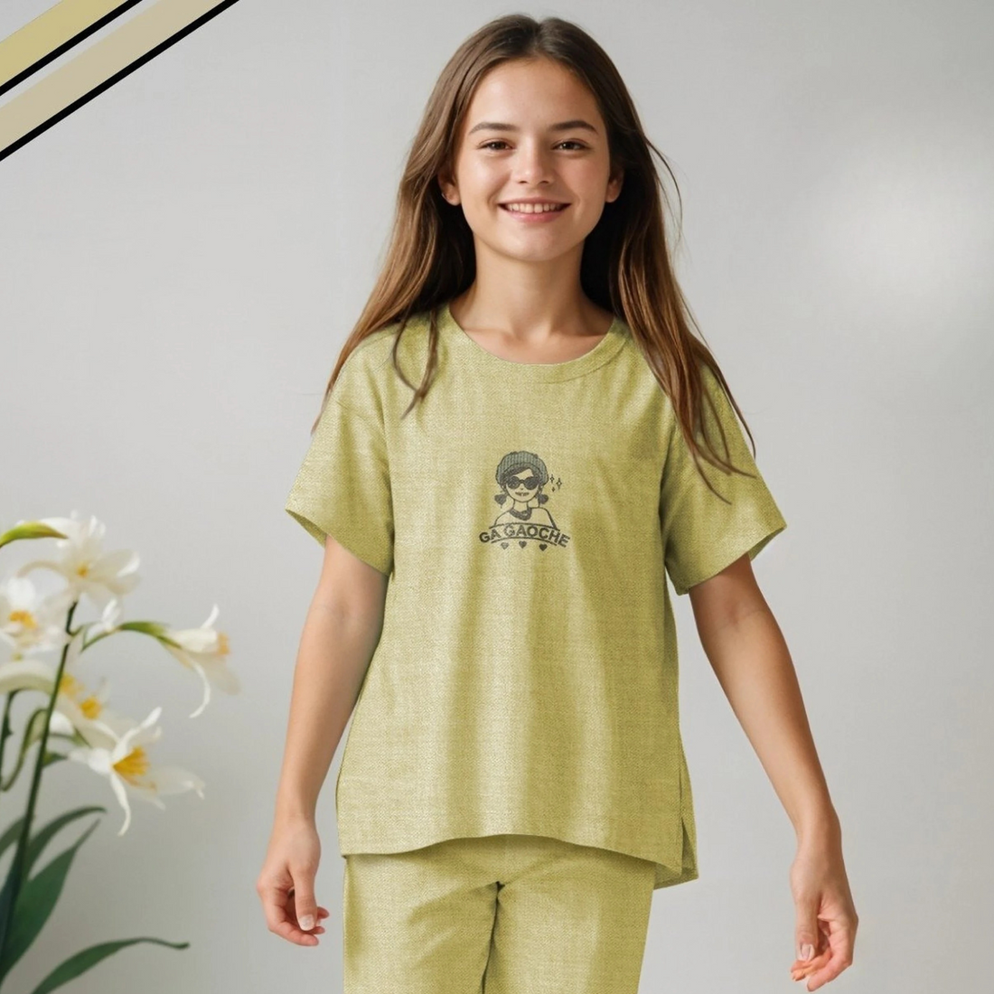 Yellow Stylish Printed Night Suit Set For Girls