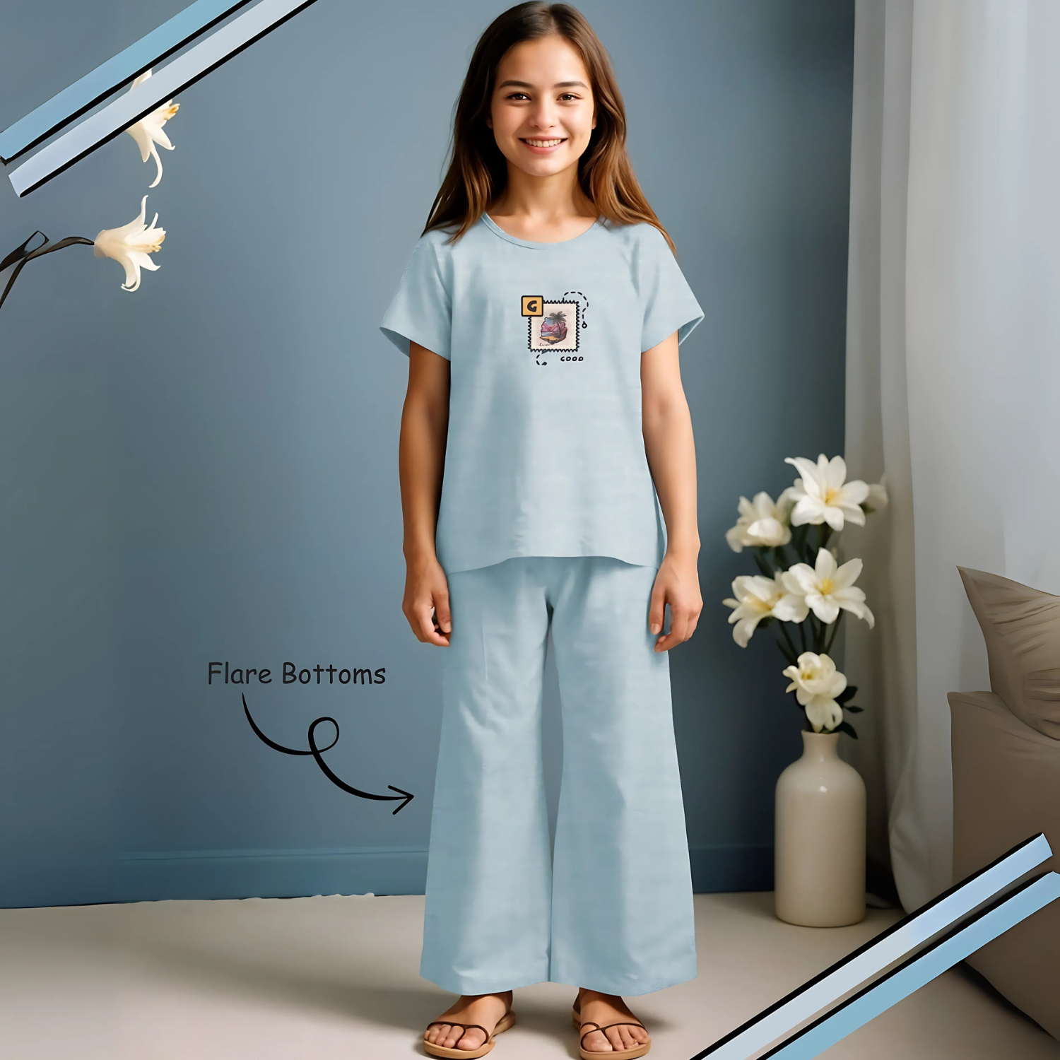 Blue Stylish Printed Night Suit Set For Girls