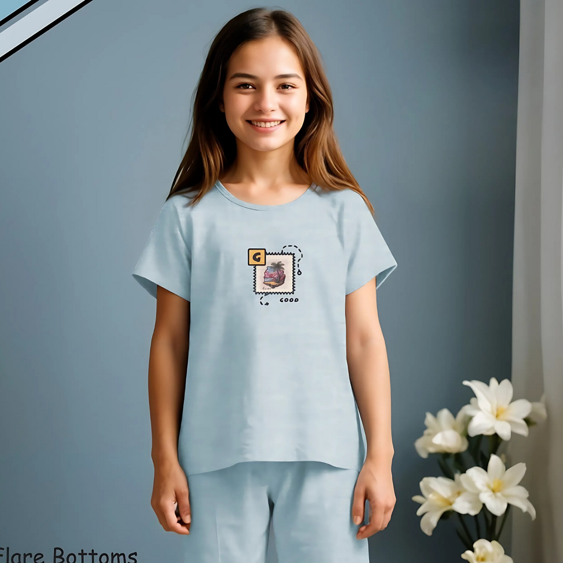 Blue Stylish Printed Night Suit Set For Girls