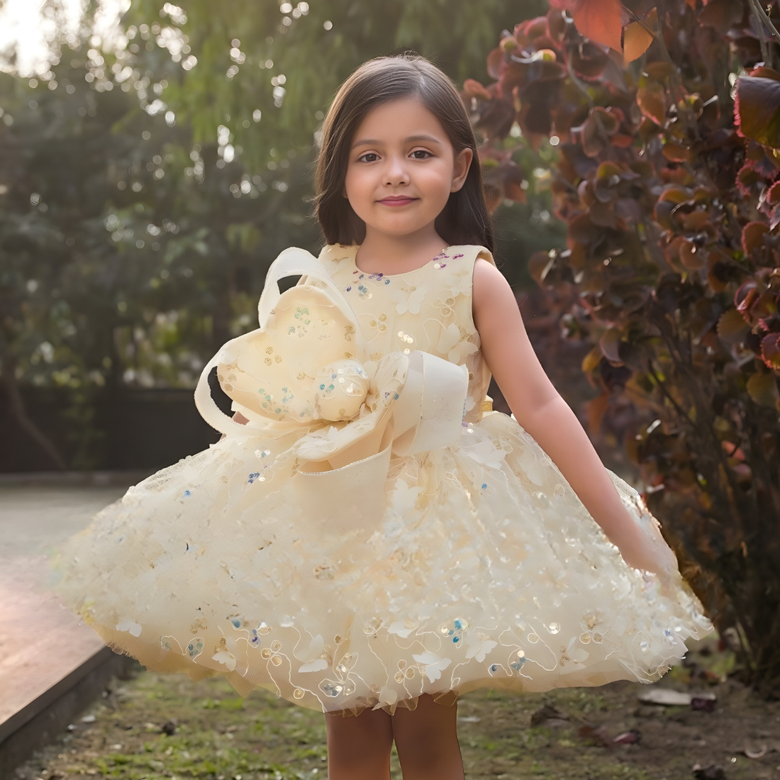 Cream Floral Embellished Party Frock For Girls