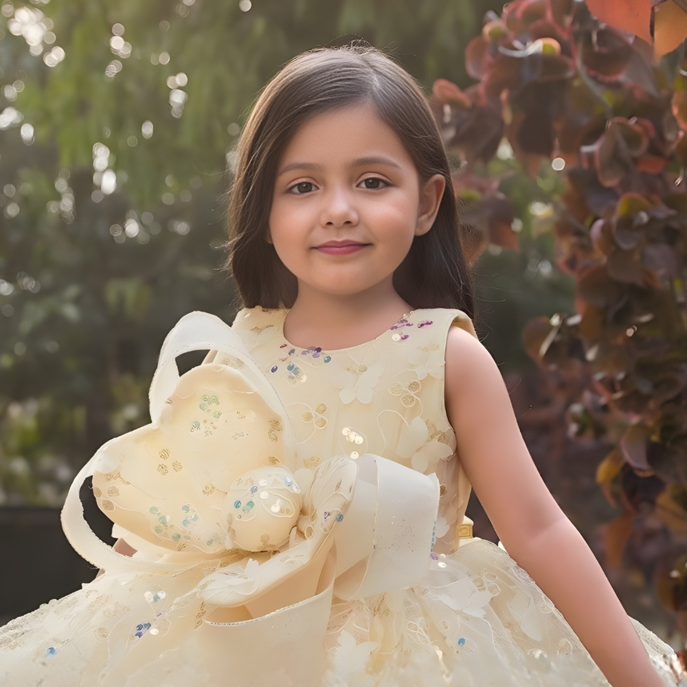 Cream Floral Embellished Party Frock For Girls