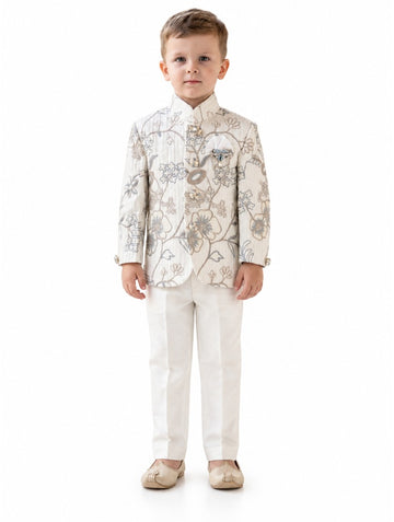 Boys White Floral Indo-Western Jacket and Trousers Set