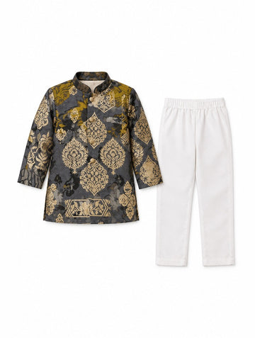 Boys Gray Printed Kurta and White Pajama Set (Shoes Not Included)