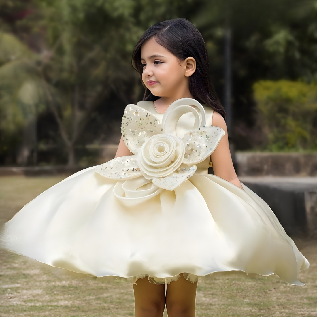 Cream Embellished Party Wear Frock with 3D Rose