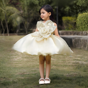 Cream Embellished Party Wear Frock with 3D Rose