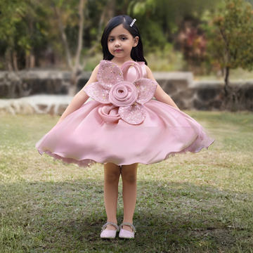 Pink Embellished Party Wear Frock with 3D Rose