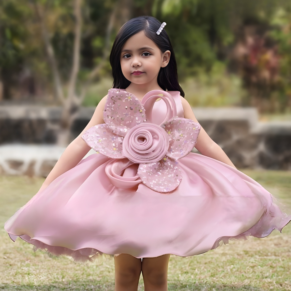 Pink Embellished Party Wear Frock with 3D Rose