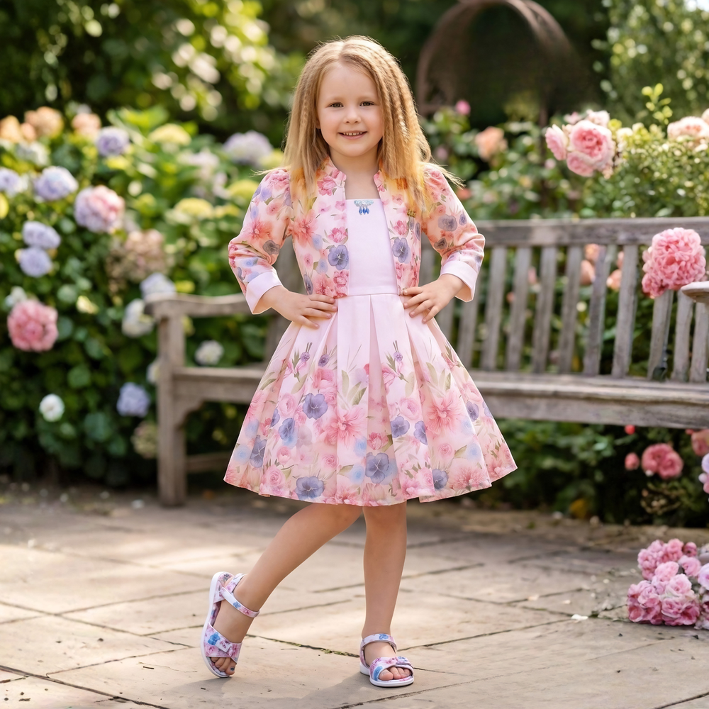 Pink Floral Print Jacket Styled Short Frock For Girls