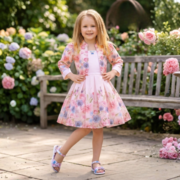 Pink Floral Print Jacket Styled Short Frock For Girls