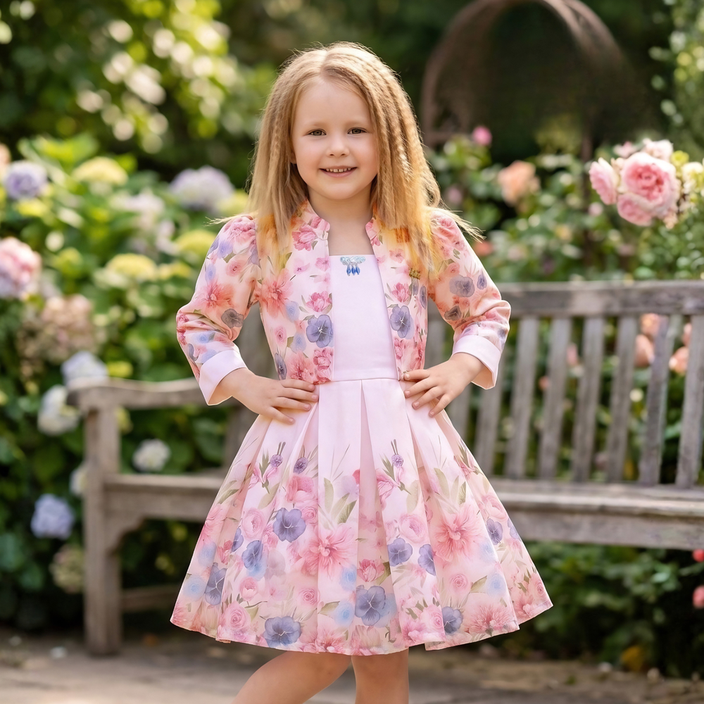 Pink Floral Print Jacket Styled Short Frock For Girls
