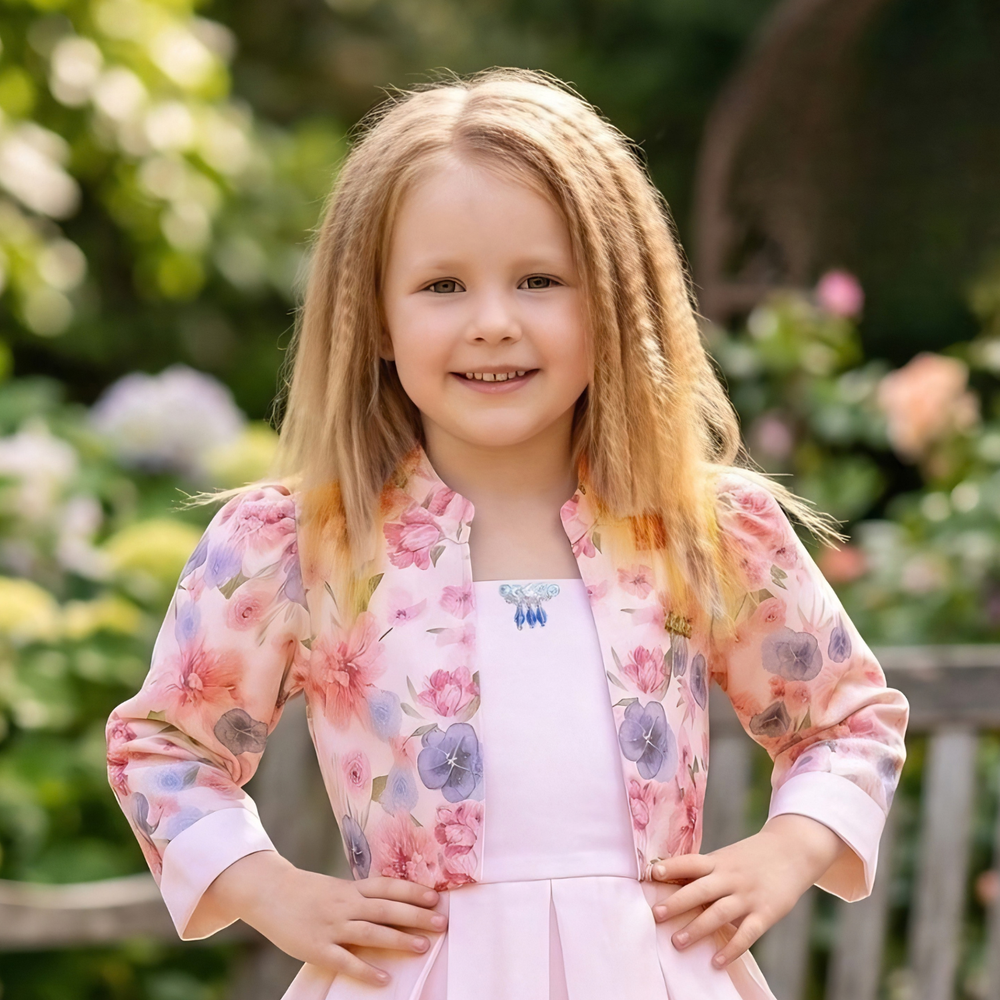 Pink Floral Print Jacket Styled Short Frock For Girls