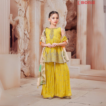 Bright yellow silk sharara set