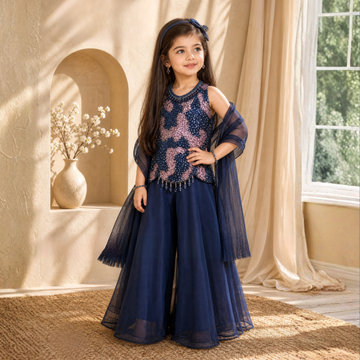 Girls Dark Blue Embroidered Top with Flared Palazzo And Dupatta Set