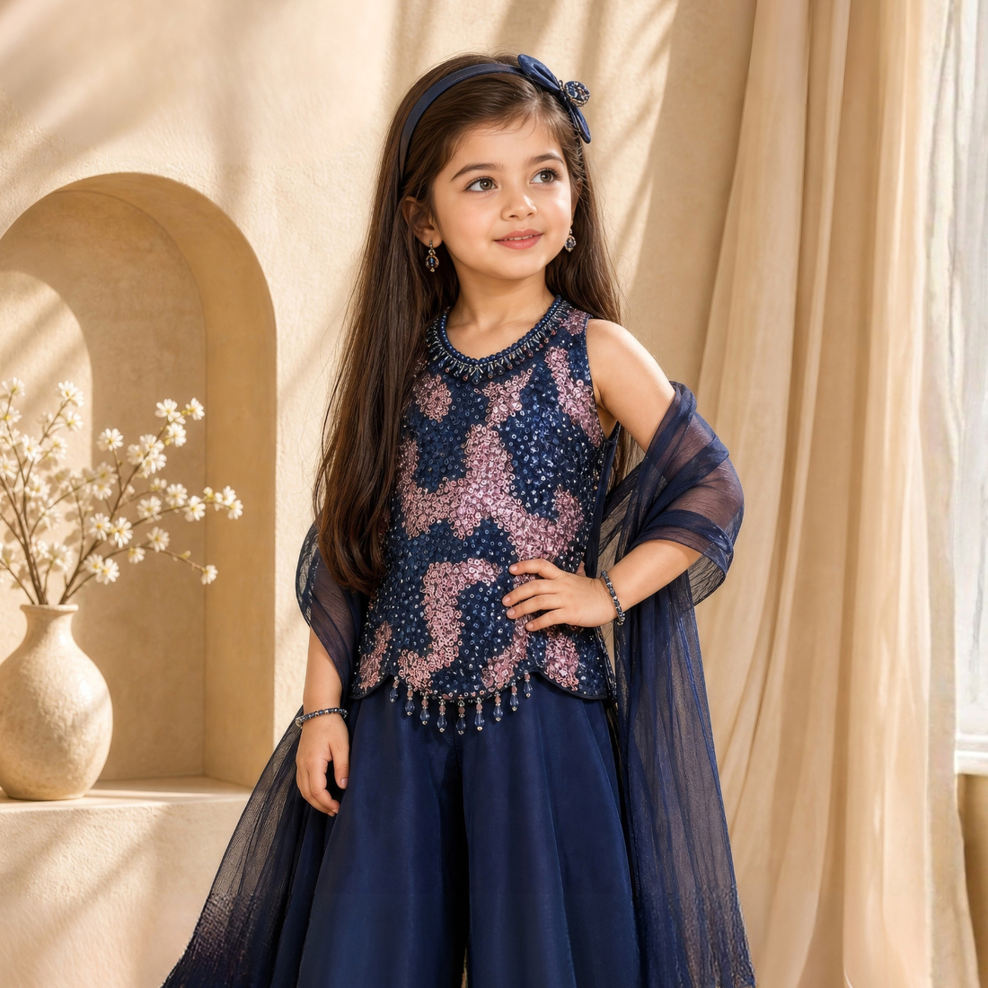 Girls Dark Blue Embroidered Top with Flared Palazzo And Dupatta Set
