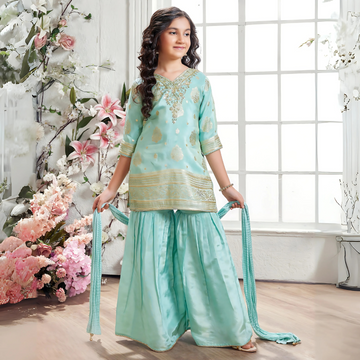 Blue Embroidered work Sharara Suit For Girls