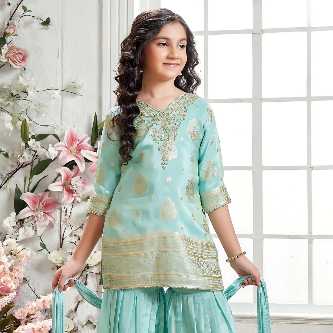 Blue Embroidered work Sharara Suit For Girls