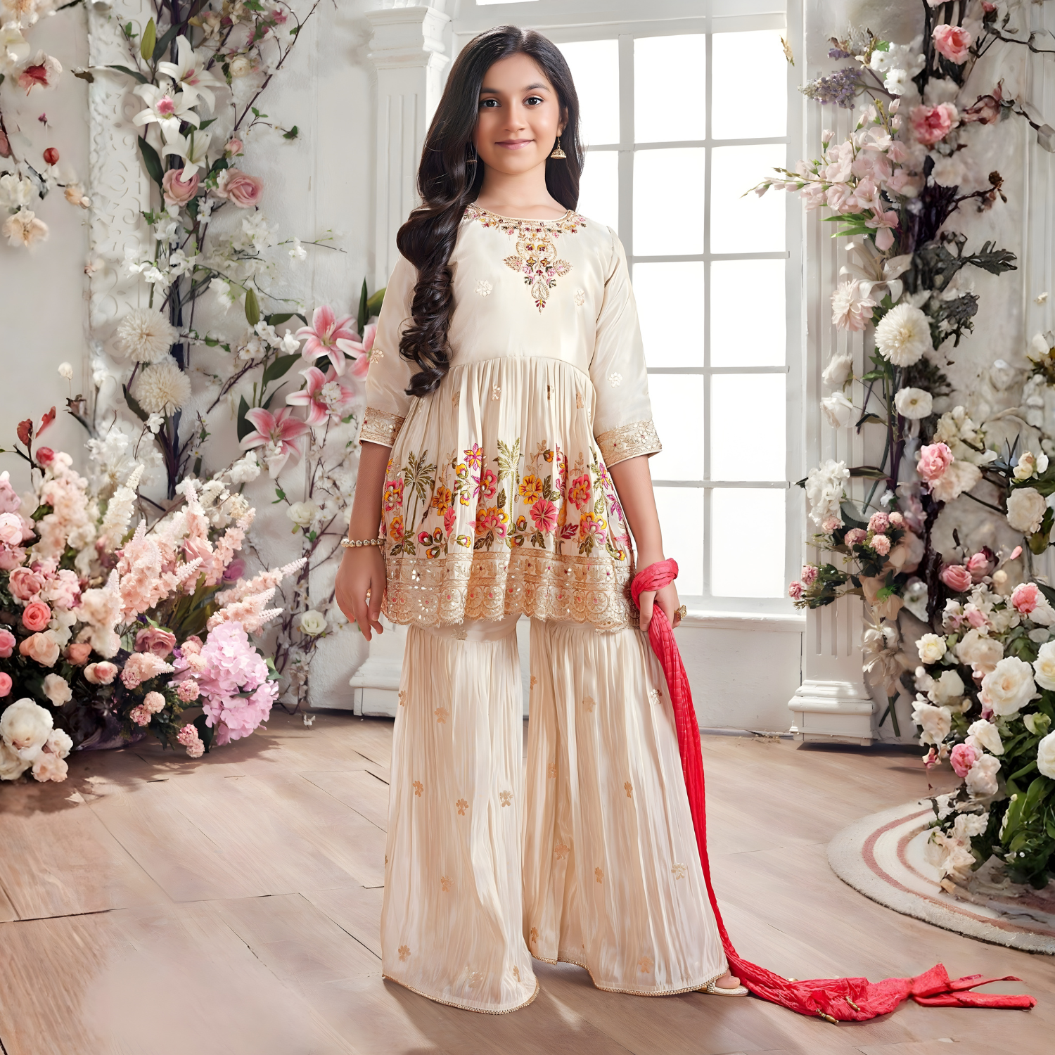 Girls Fawn Floral Printed Palazzos Set & Dupatta