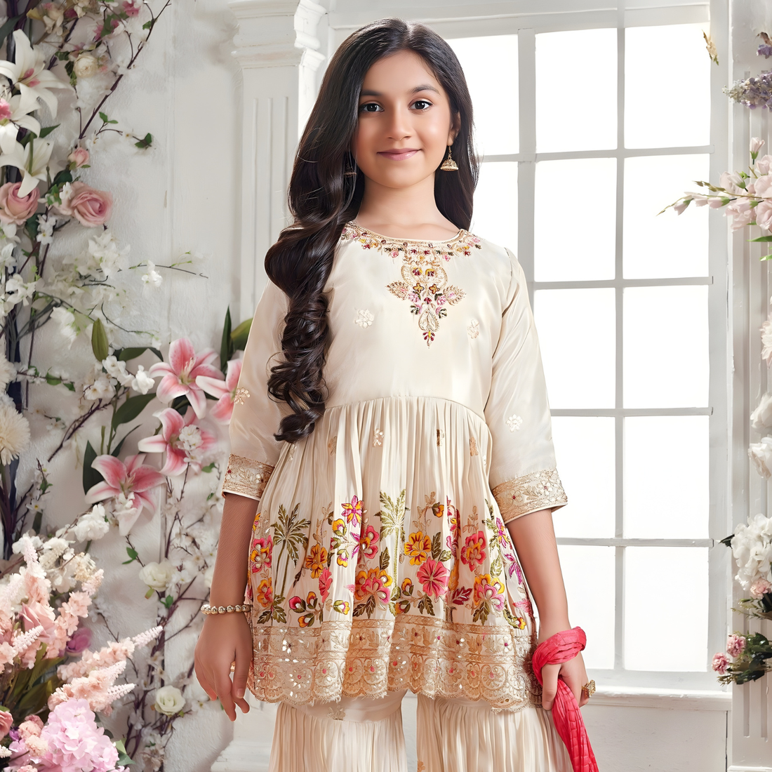 Girls Fawn Floral Printed Palazzos Set & Dupatta