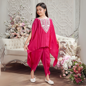 Girls Rani Embroidered And Sequined Top With Dhoti Set